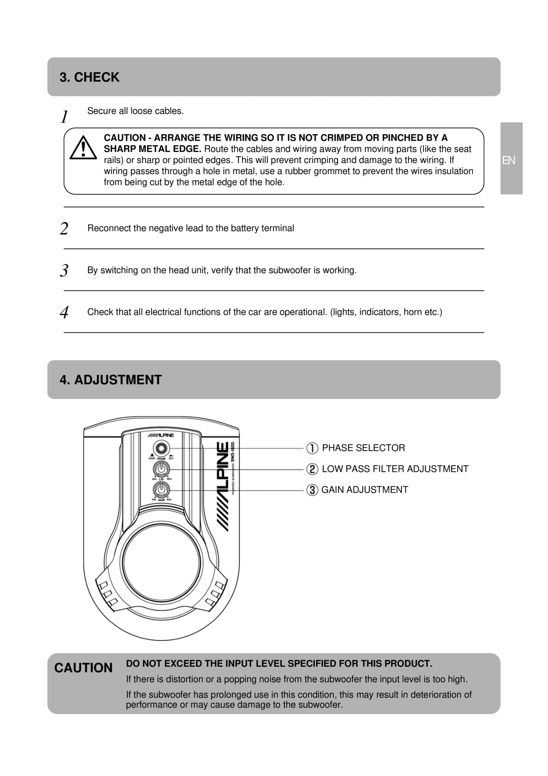 Alpine SWD-1600 owner manual Check, Adjustment 