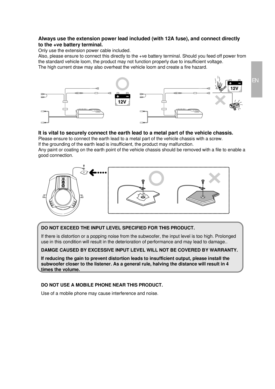 Alpine SWD-1600 Do not Exceed the Input Level Specified for this Product, Do not USE a Mobile Phone Near this Product 