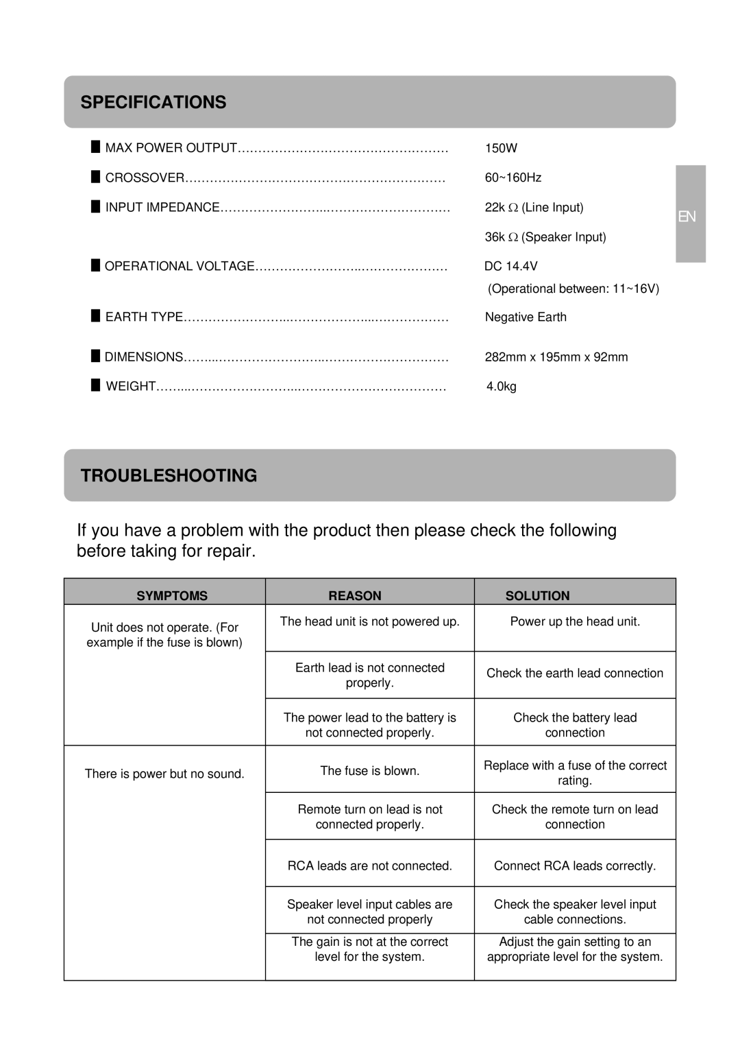 Alpine SWD-1600 owner manual Specifications, Troubleshooting, Symptoms Reason Solution 