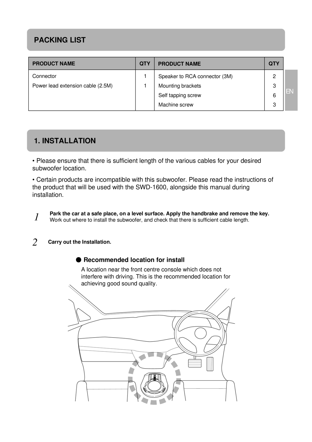 Alpine SWD-1600 owner manual Packing List, Installation, Product Name QTY 