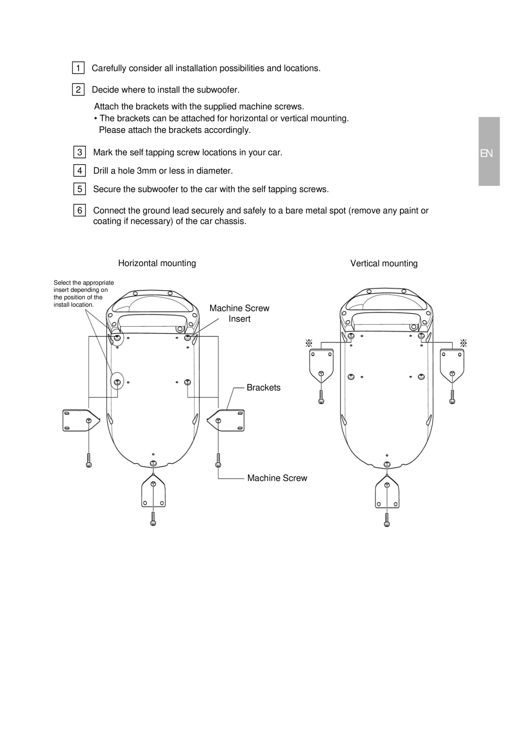 Alpine SWD-1600 owner manual Machine Screw Insert Brackets 