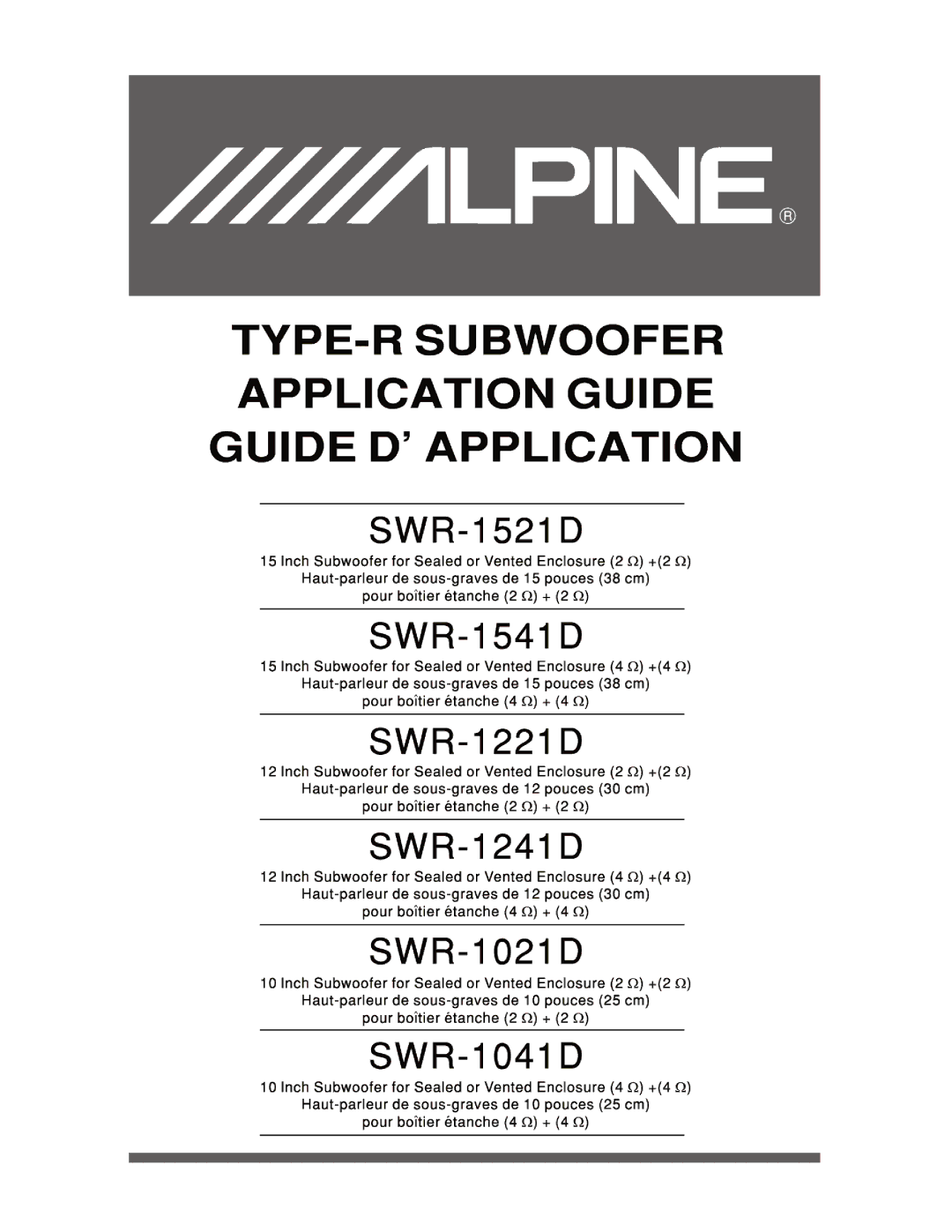 Alpine SWR-1241D, SWR-1541D, SWR-1521D, SWR-1041D, SWR-1221D, SWR-1021D manual 