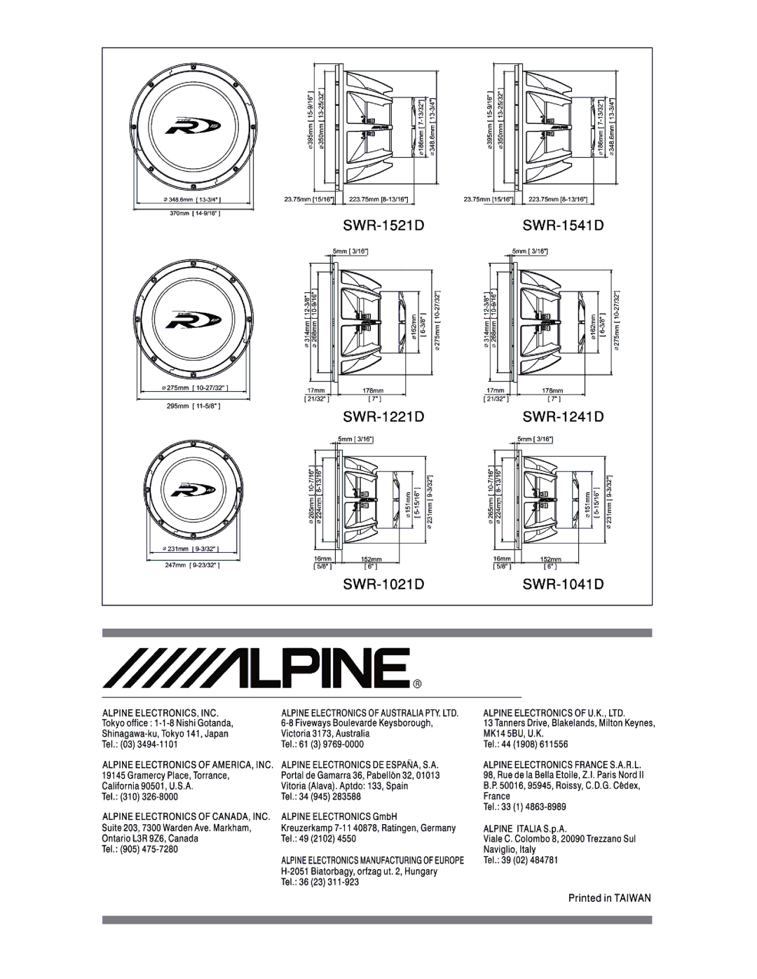 Alpine SWR-1221D, SWR-1541D, SWR-1241D, SWR-1521D, SWR-1041D, SWR-1021D manual 