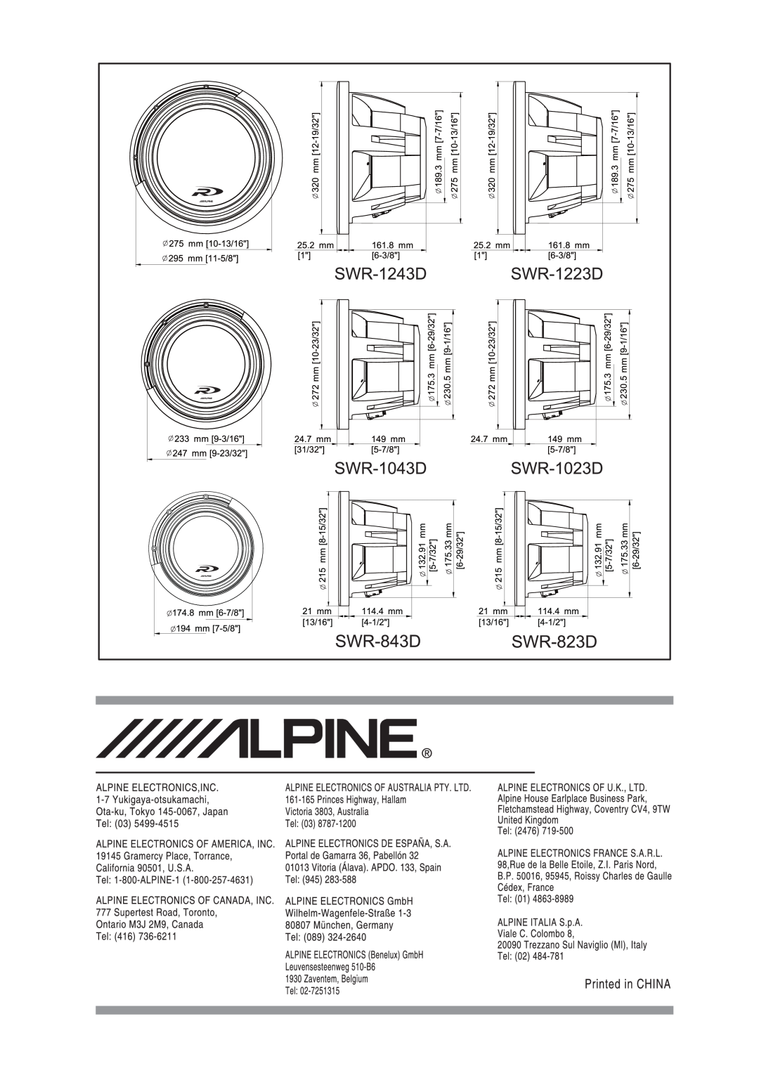 Alpine SWR-843D, SWR-1023D, SWR-823D, SWR-1043D, SWR-1223D, SWR-1243D manual 