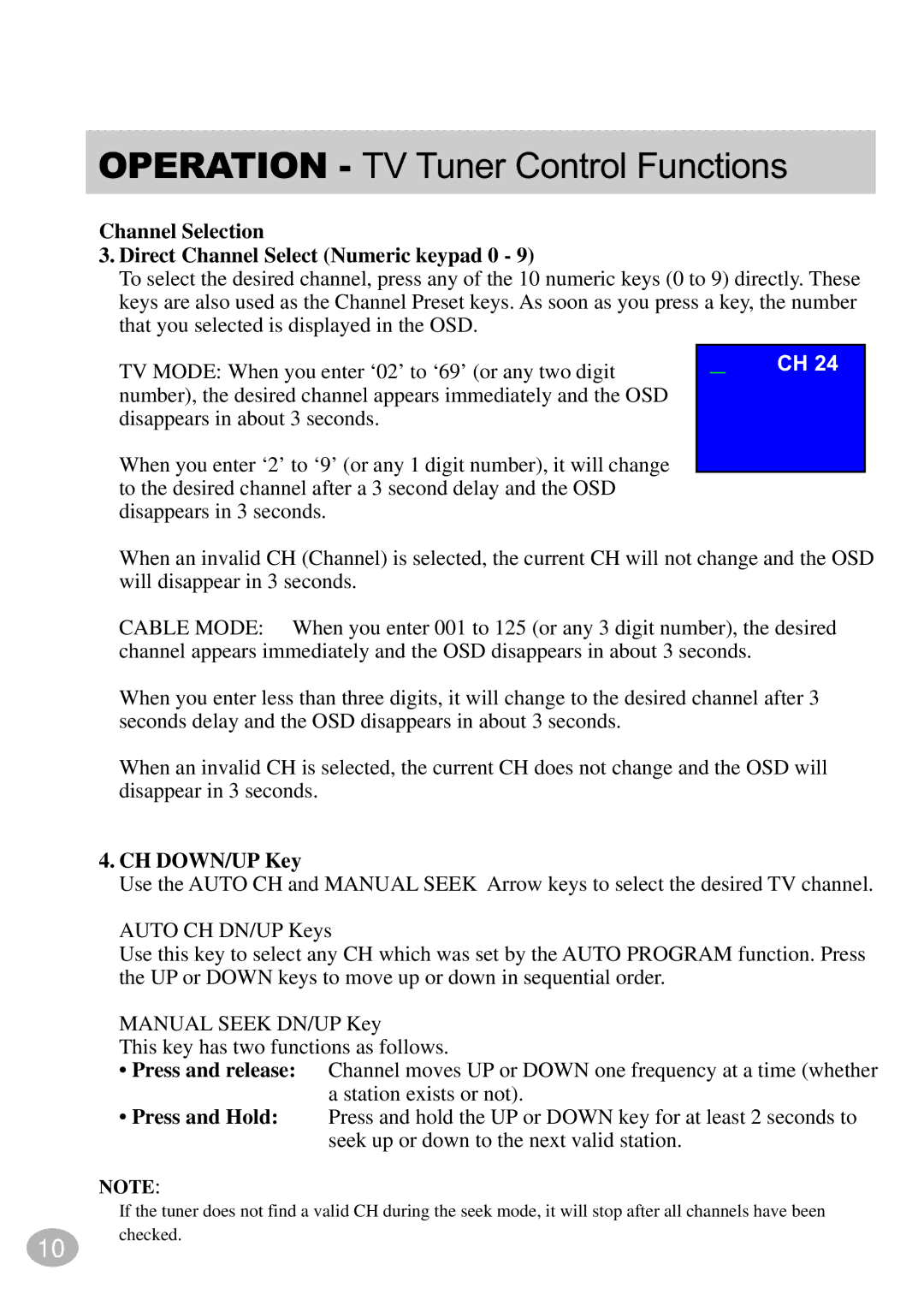 Alpine TCS-V430A owner manual Channel Selection Direct Channel Select Numeric keypad 0, CH DOWN/UP Key 