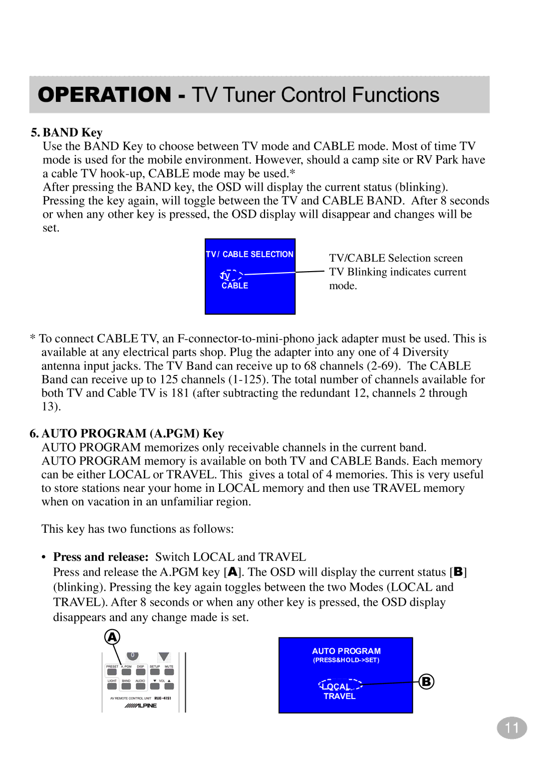 Alpine TCS-V430A owner manual Band Key, Auto Program A.PGM Key 