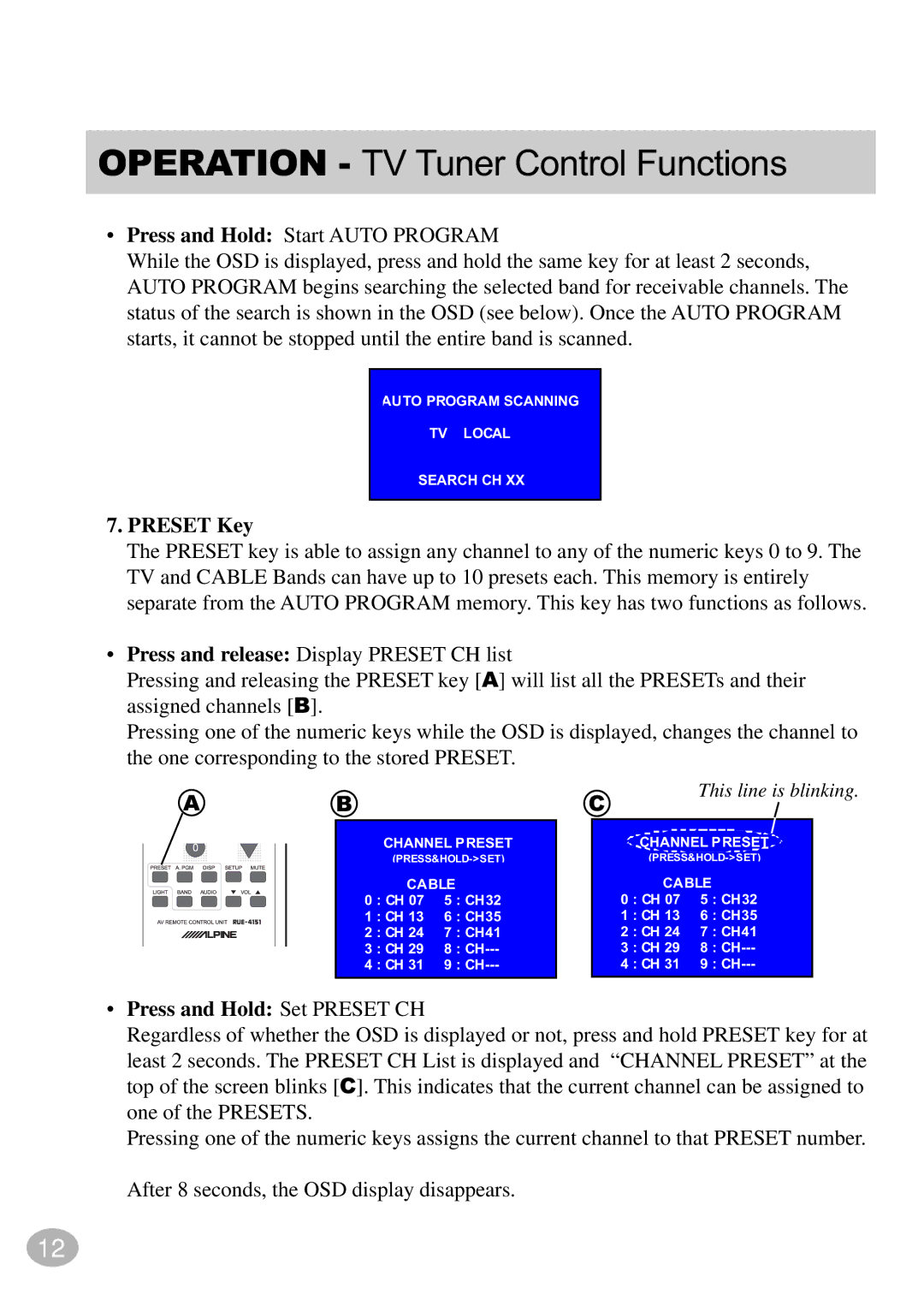 Alpine TCS-V430A owner manual Preset Key, Press and Hold Set Preset CH 