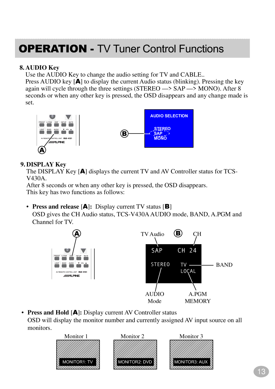 Alpine TCS-V430A owner manual Audio Key, Display Key 