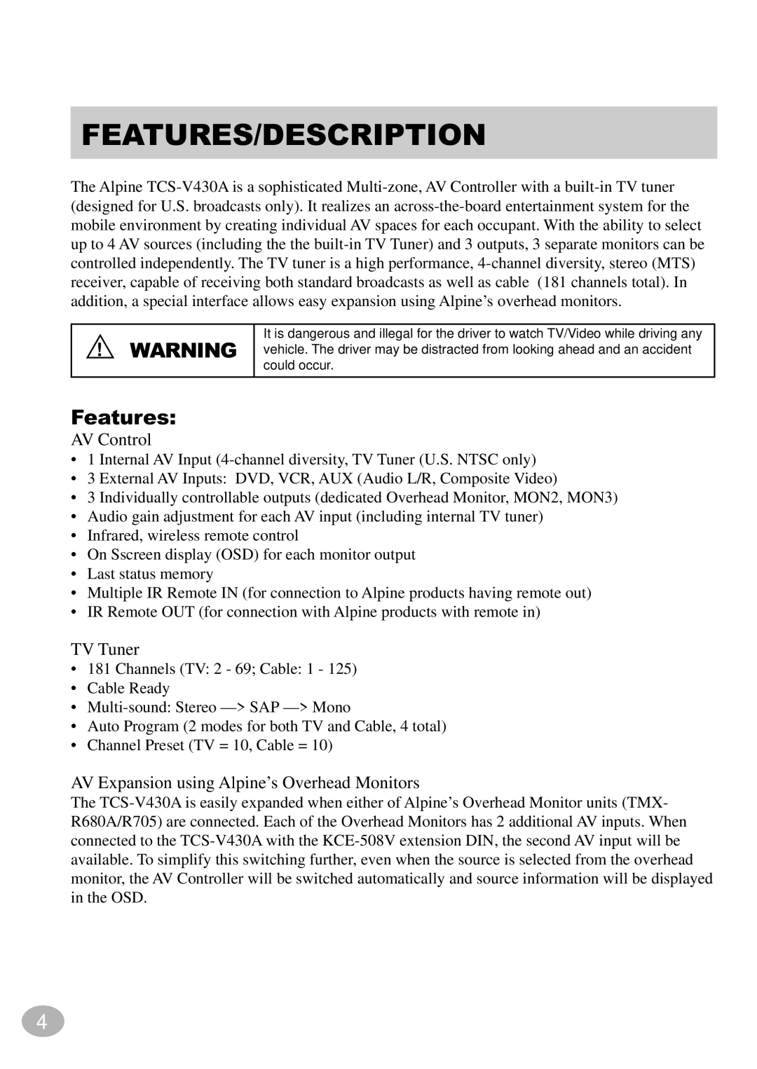 Alpine TCS-V430A owner manual Features/Description 