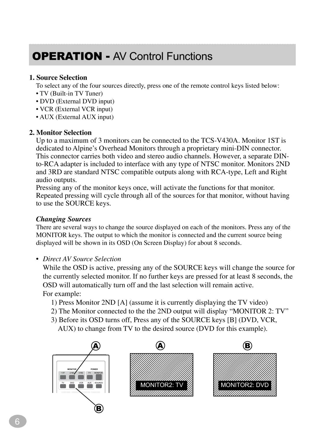 Alpine TCS-V430A owner manual Source Selection, Monitor Selection 