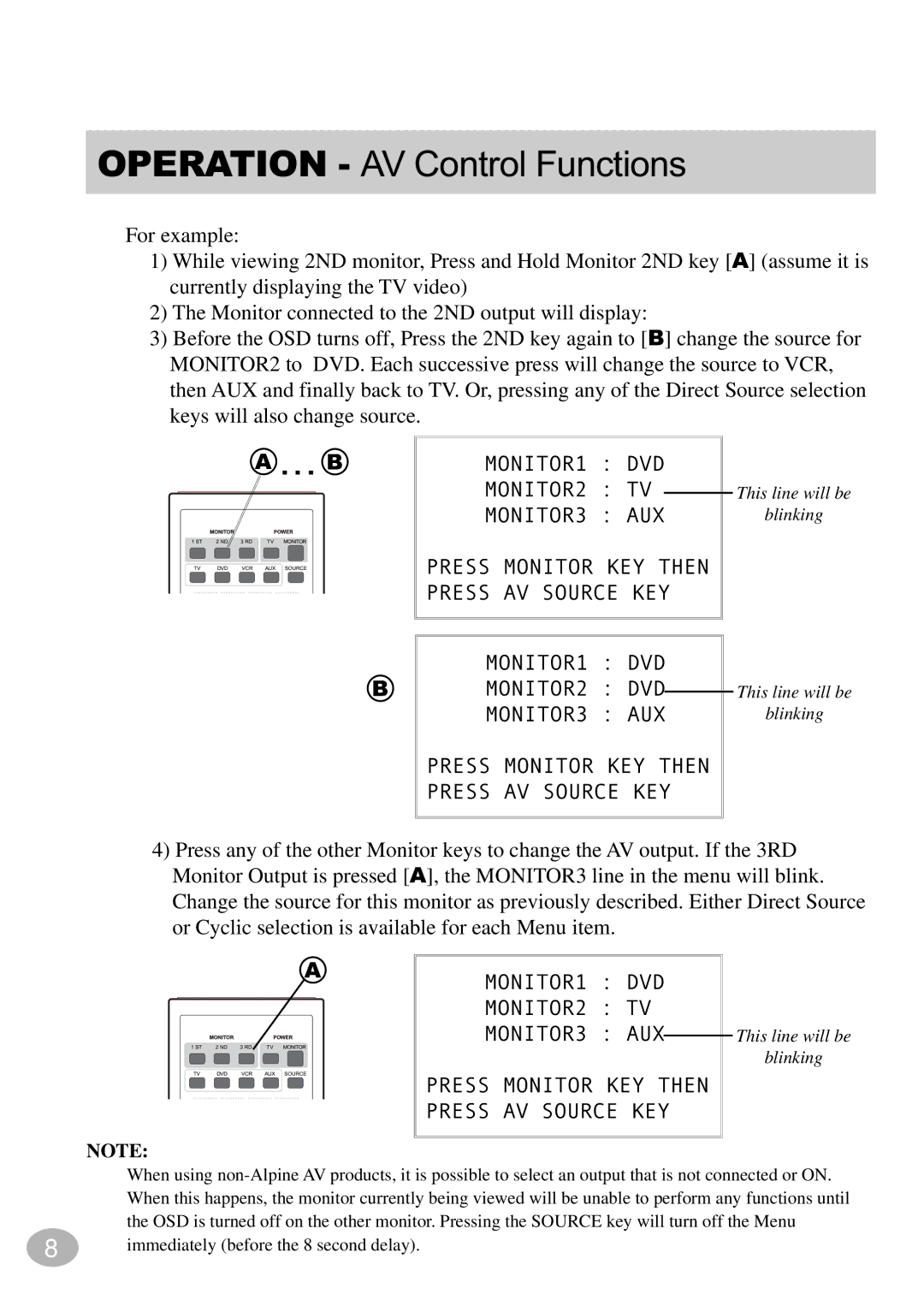 Alpine TCS-V430A owner manual Operation AV Control Functions 