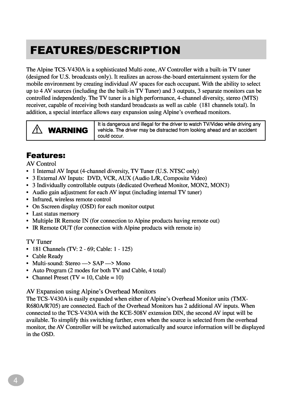 Alpine TCS-V430A owner manual Features/Description 