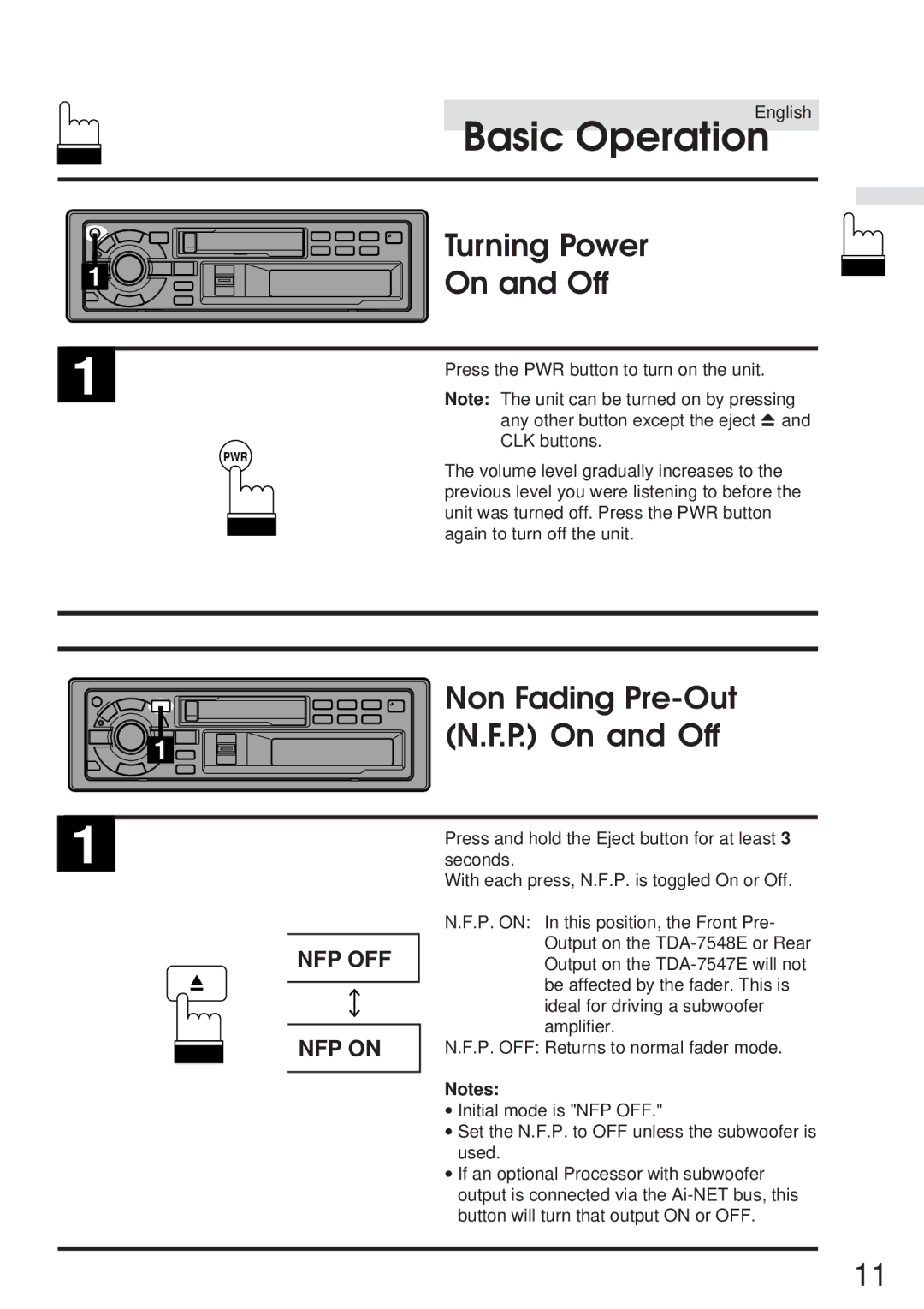 Alpine TDA-7548E, TDA-7547E owner manual Turning Power, Non Fading Pre-Out, P. On and Off, NFP OFF NFP on 