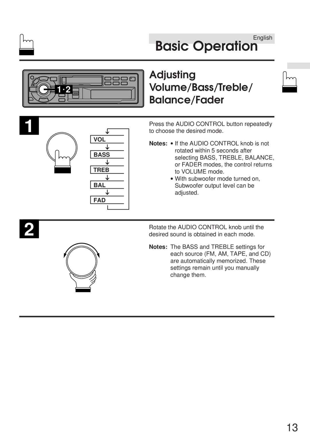 Alpine TDA-7548E, TDA-7547E owner manual Adjusting, Volume/Bass/Treble, Balance/Fader 