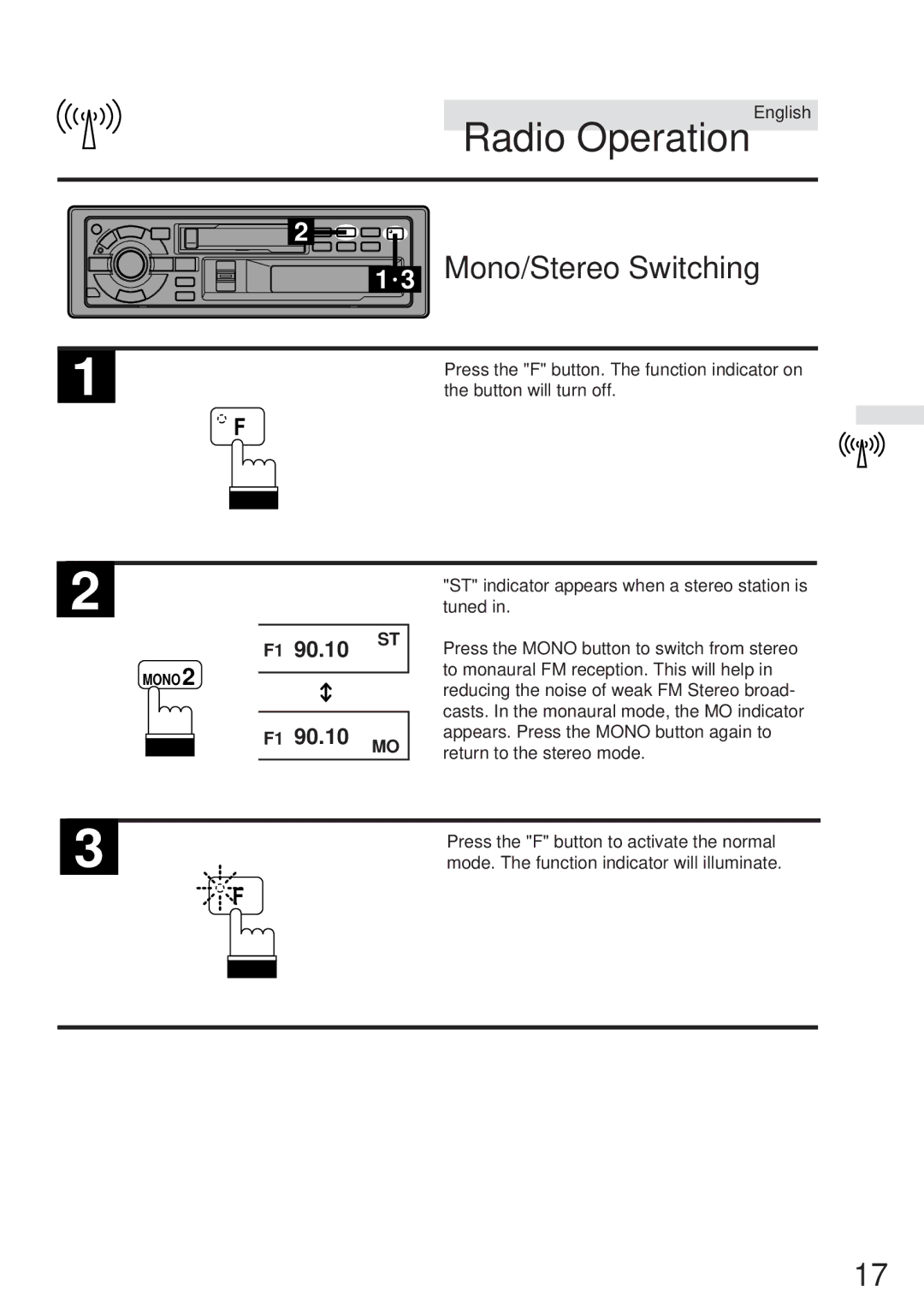 Alpine TDA-7548E, TDA-7547E owner manual Radio Operation, Mono/Stereo Switching 