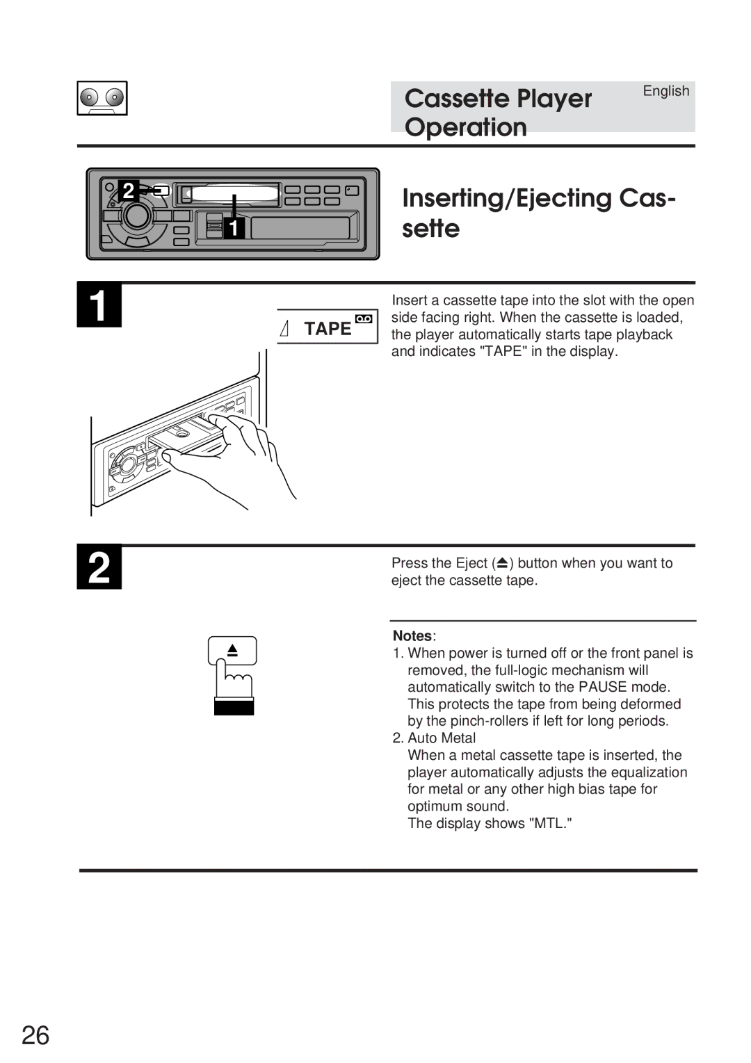 Alpine TDA-7547E, TDA-7548E owner manual Cassette Player Operation, Inserting/Ejecting Cas, Sette, Tape 