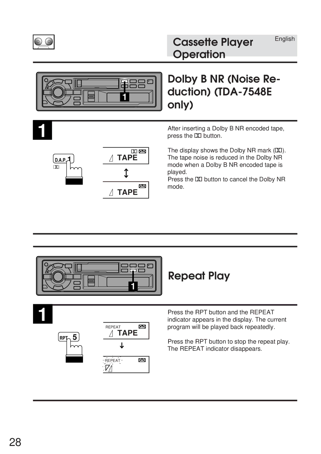 Alpine TDA-7547E owner manual Dolby B NR Noise Re Duction TDA-7548E only, Repeat Play 