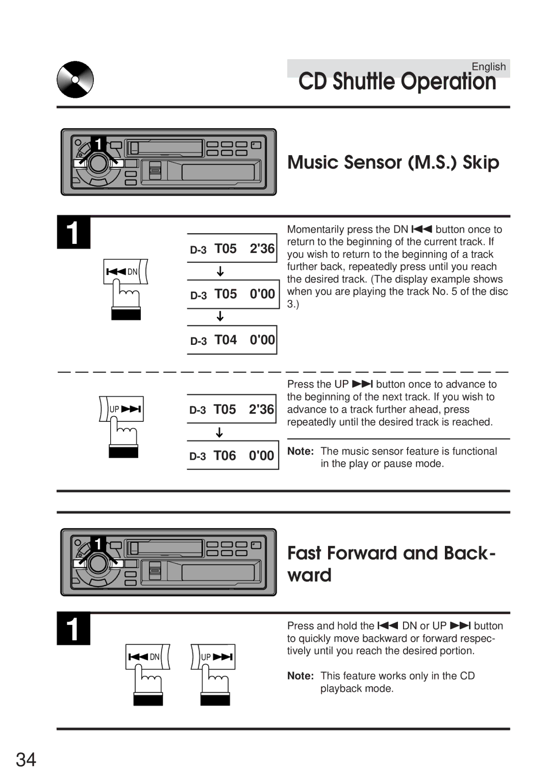 Alpine TDA-7547E, TDA-7548E owner manual CD Shuttle Operation, Music Sensor M.S. Skip, Fast Forward and Back, Ward 