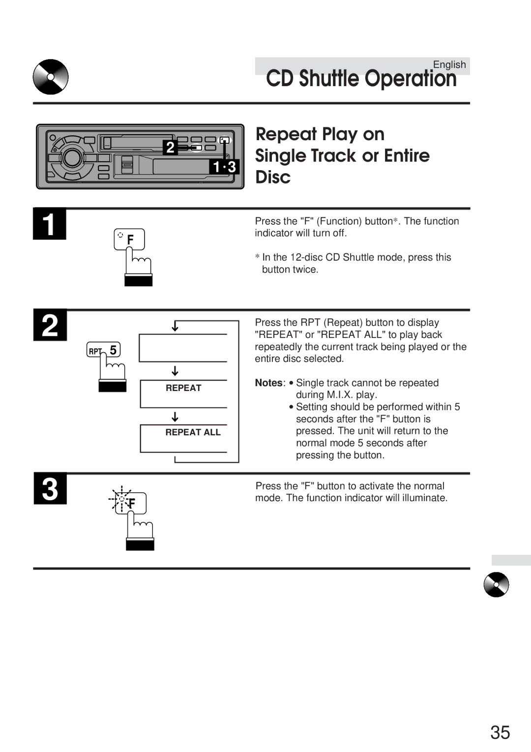 Alpine TDA-7548E, TDA-7547E owner manual Repeat Play on Single Track or Entire 1 3 Disc 