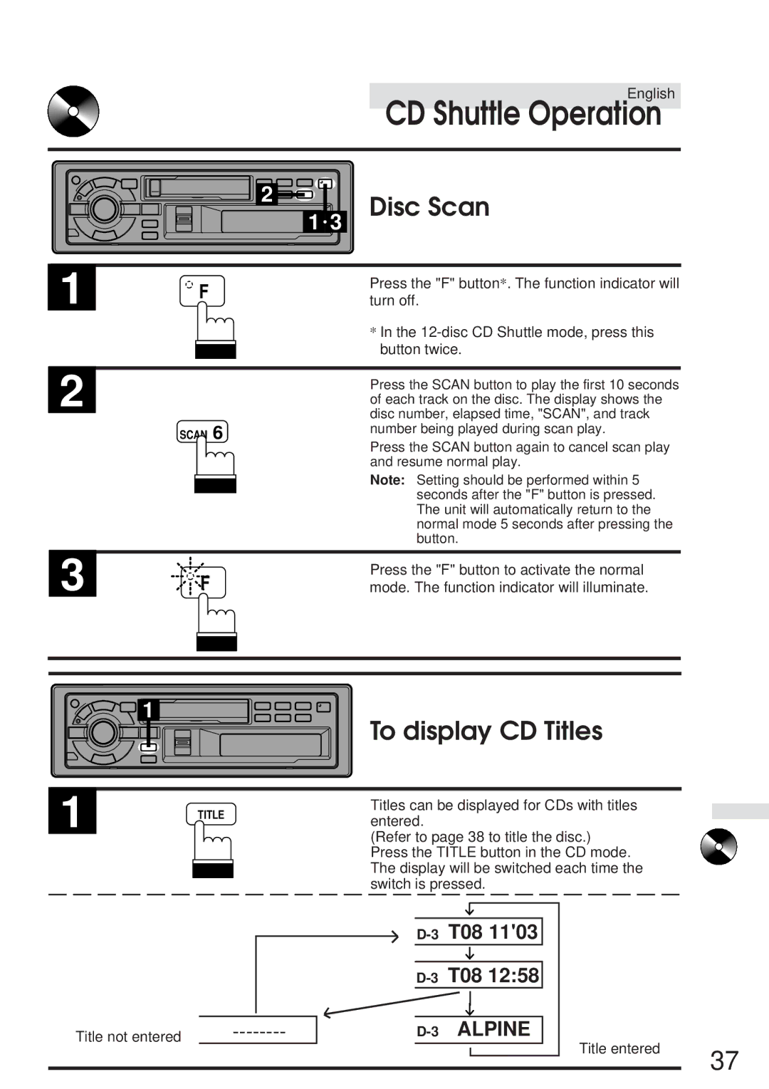 Alpine TDA-7548E, TDA-7547E owner manual Disc Scan, To display CD Titles 