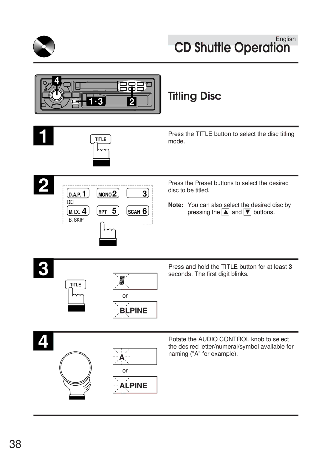 Alpine TDA-7547E, TDA-7548E owner manual Titling Disc, Lpine 