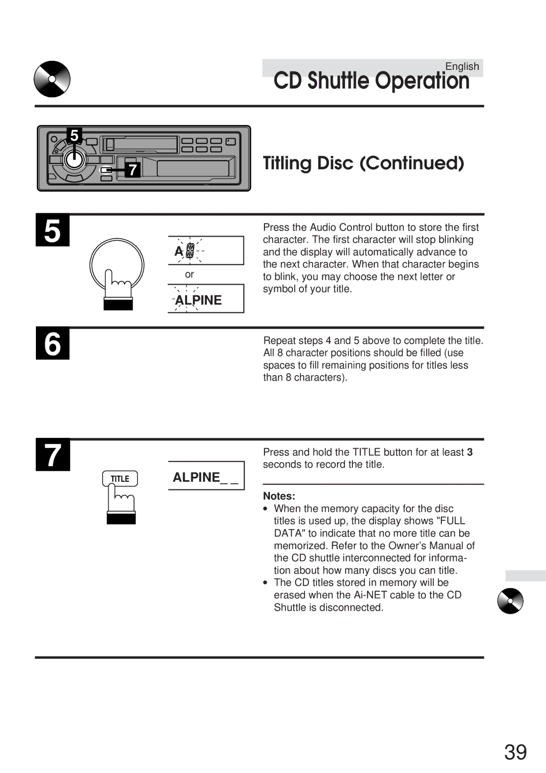 Alpine TDA-7548E, TDA-7547E owner manual Titling Disc, Titlealpine 