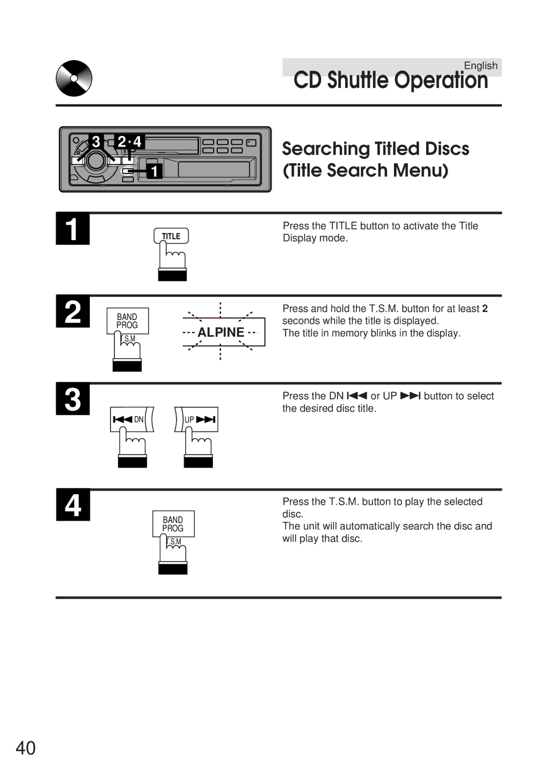 Alpine TDA-7547E, TDA-7548E owner manual Searching Titled Discs Title Search Menu 