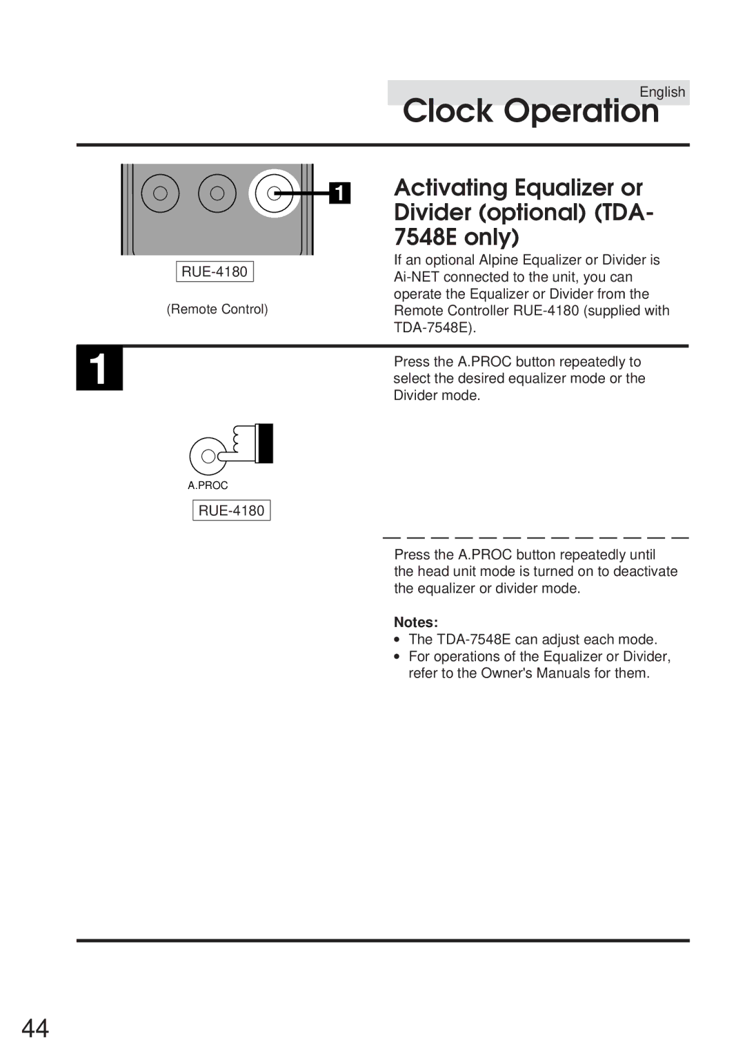 Alpine TDA-7547E, TDA-7548E owner manual Clock Operation, Activating Equalizer or Divider optional TDA 7548E only 