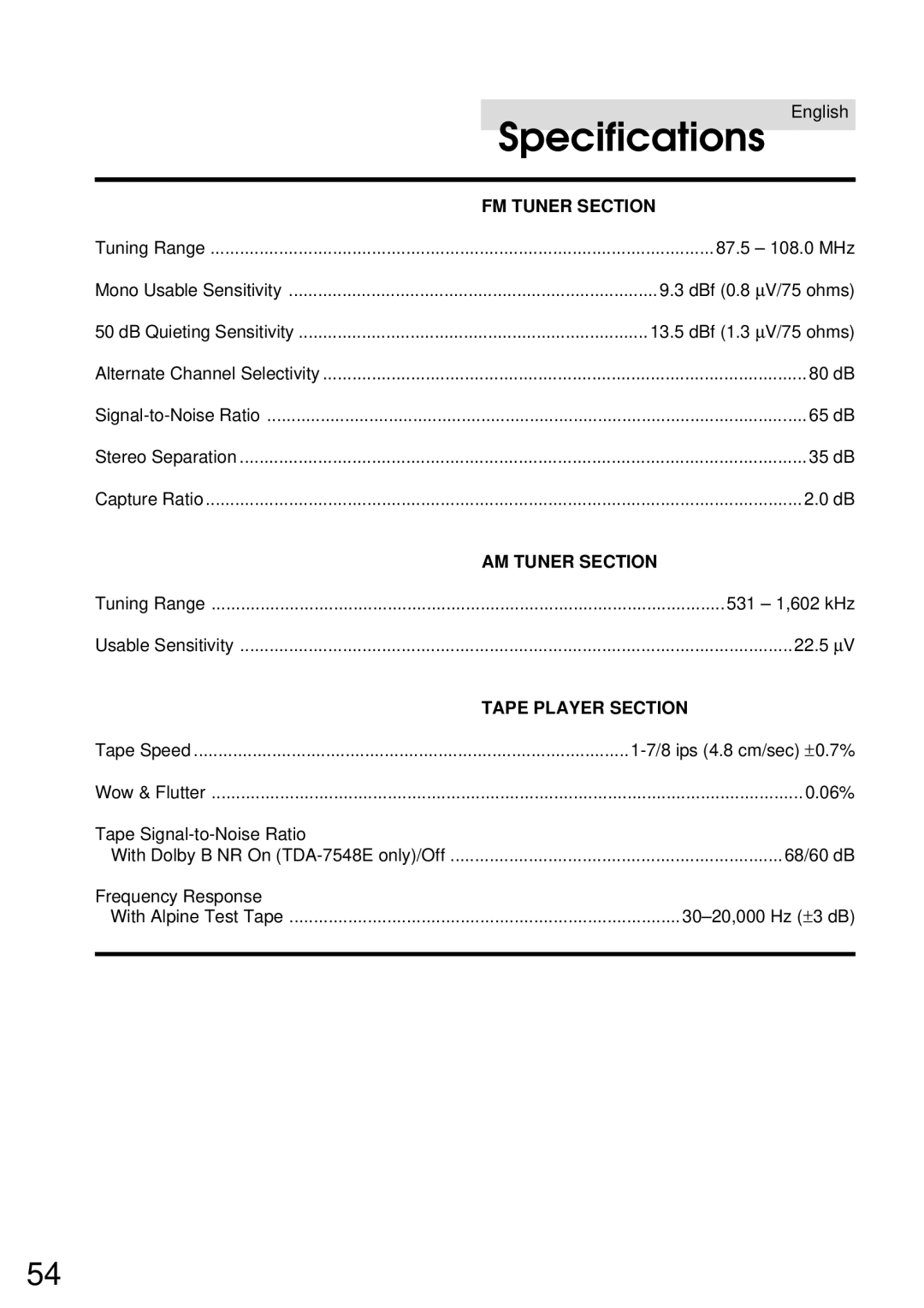 Alpine TDA-7547E, TDA-7548E owner manual Specifications, FM Tuner Section 