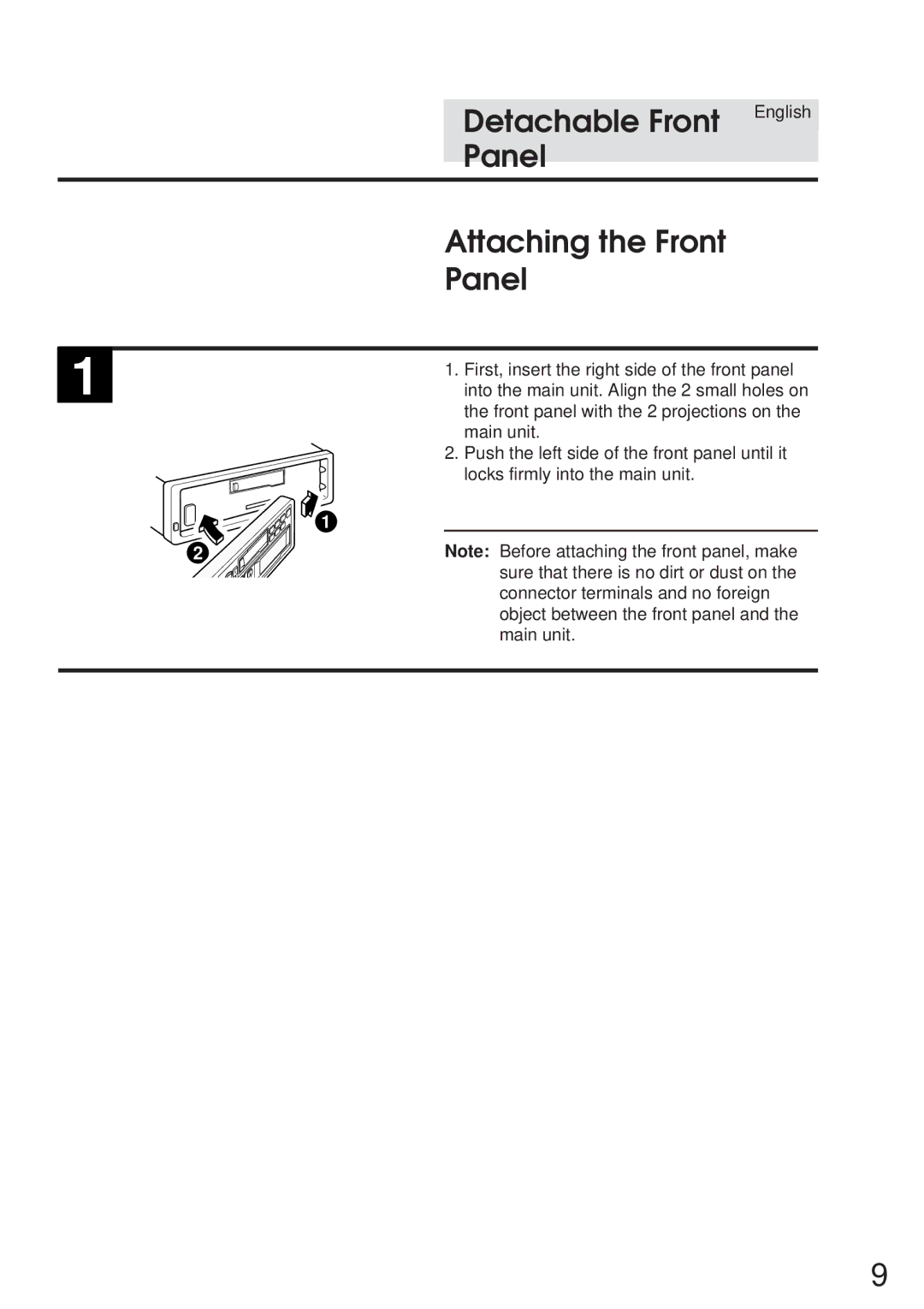 Alpine TDA-7548E, TDA-7547E owner manual Attaching the Front 