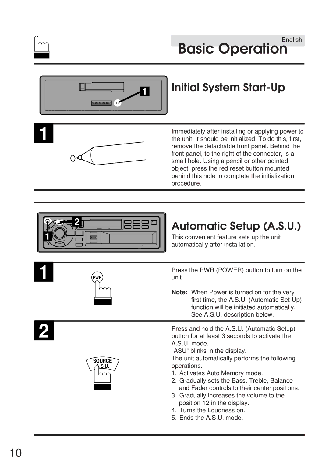 Alpine TDA-7547E, TDA-7548E owner manual Basic Operation, Initial System Start-Up, Automatic Setup A.S.U 