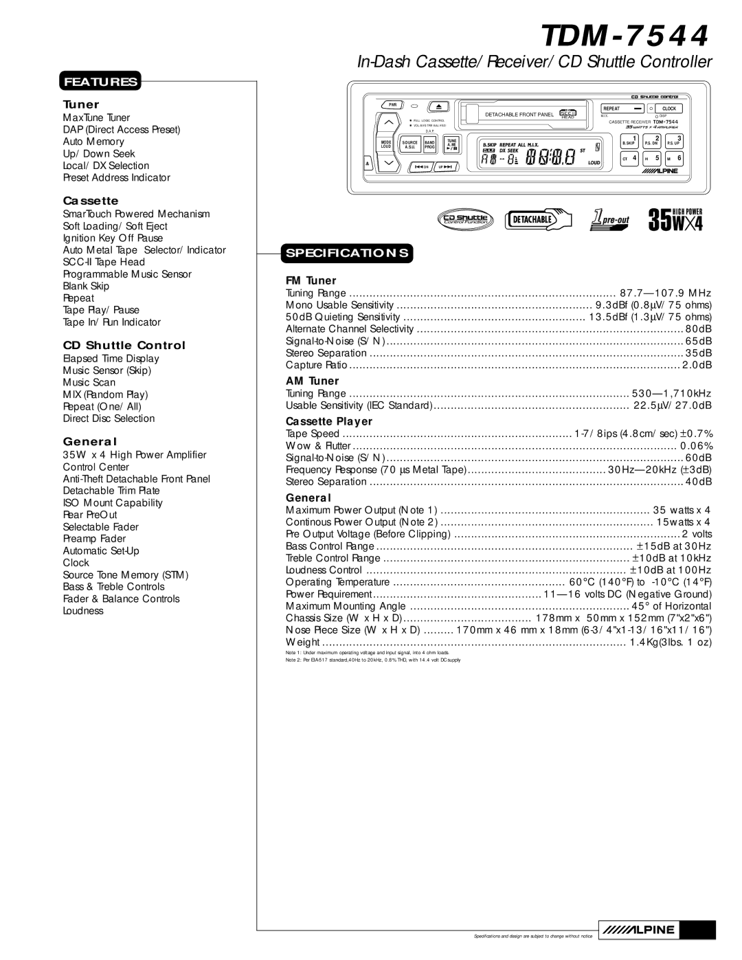 Alpine TDM-7544 specifications Features, Specifications 