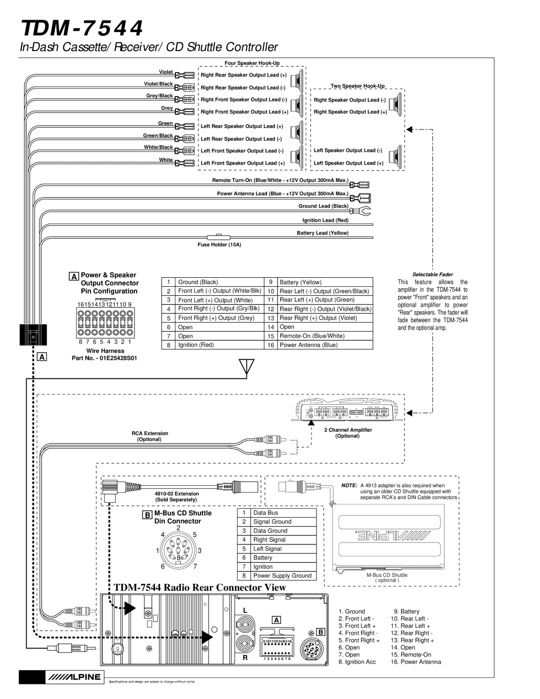 Alpine TDM-7544 specifications Power & Speaker Output Connector Pin Configuration, Bus CD Shuttle Din Connector 