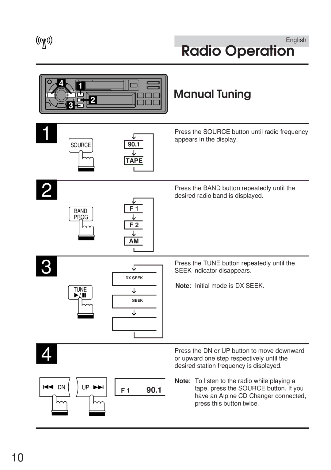Alpine TDM-7546E owner manual Radio Operation, Manual Tuning, 90.1, Tape 