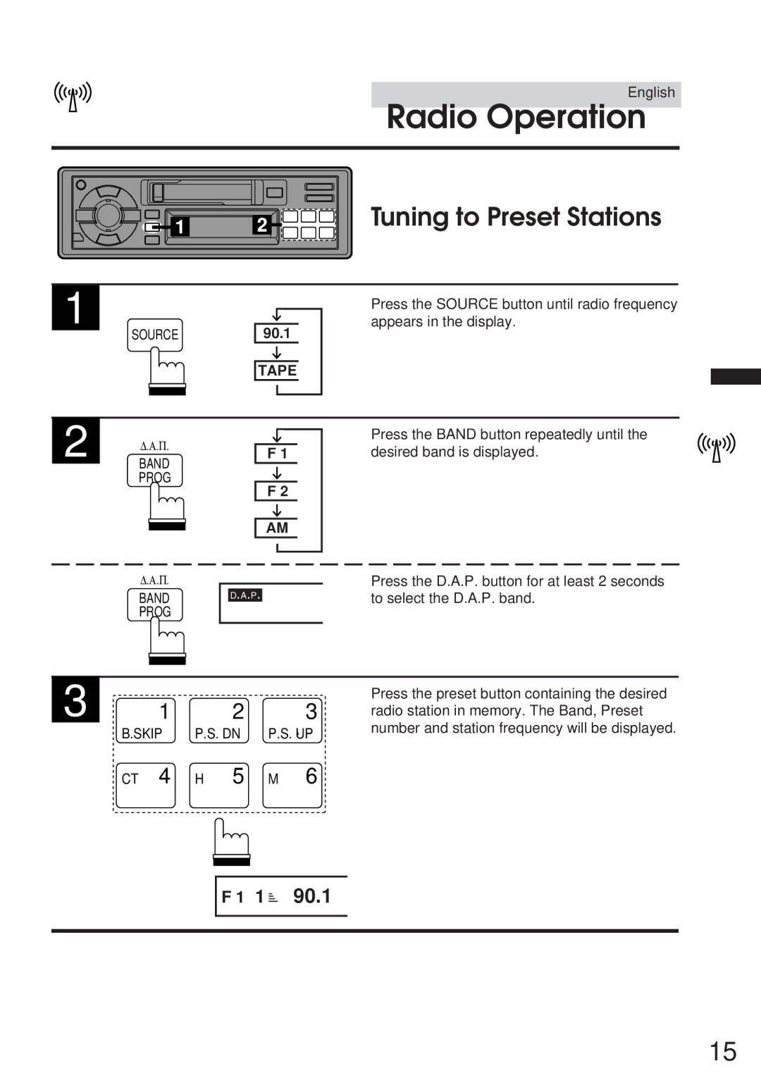Alpine TDM-7546E owner manual Tuning to Preset Stations, Press the D.A.P. button for at least 2 seconds 