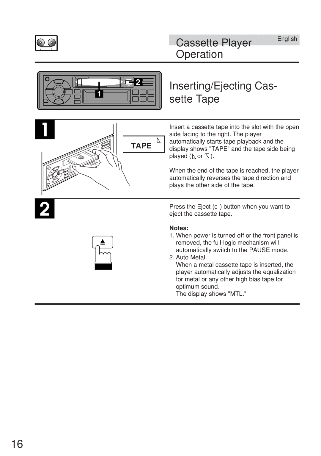 Alpine TDM-7546E owner manual Cassette Player, Operation Inserting/Ejecting Cas Sette Tape 