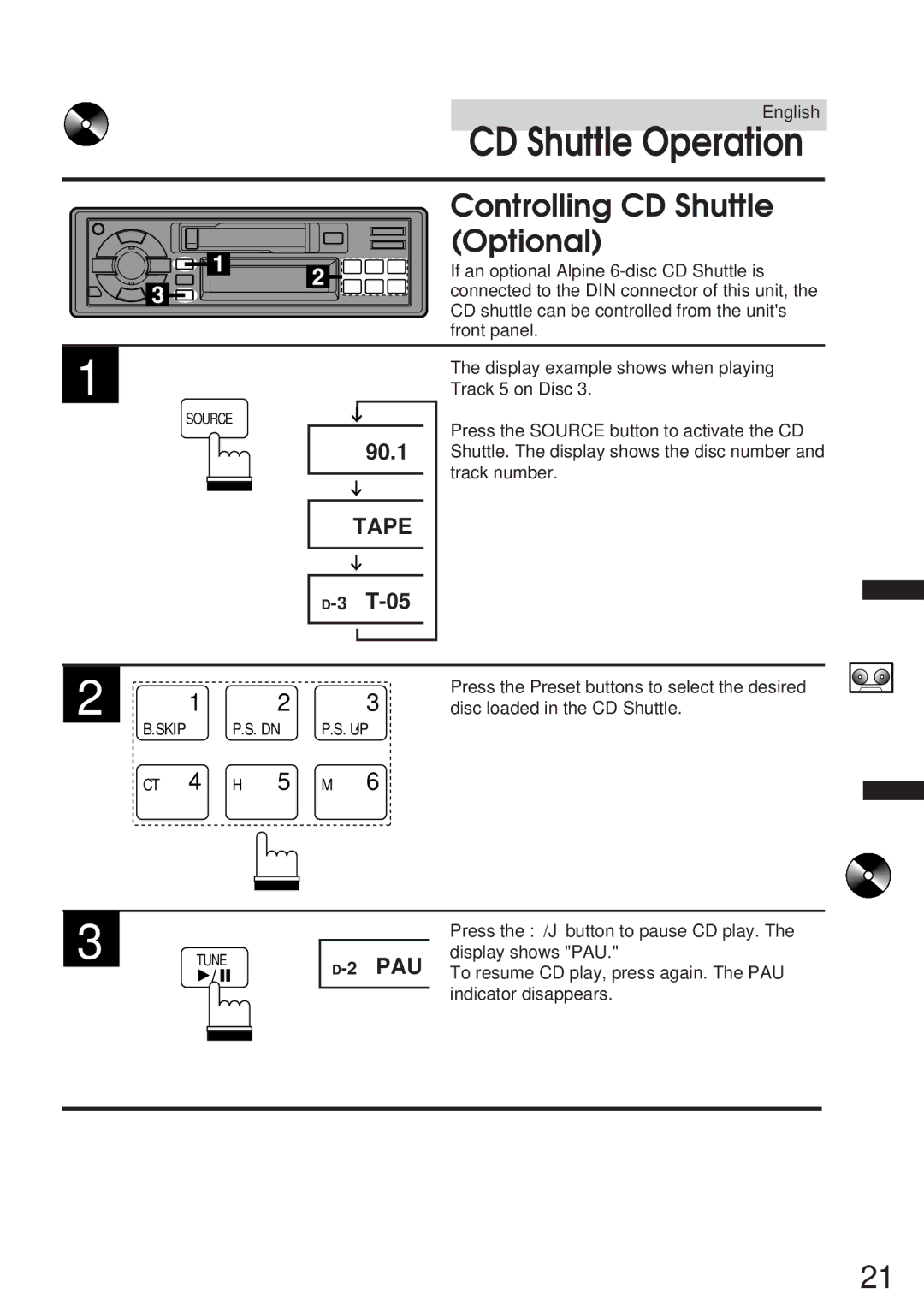 Alpine TDM-7546E owner manual CD Shuttle Operation, Controlling CD Shuttle, Optional, 3T-05, Pau 