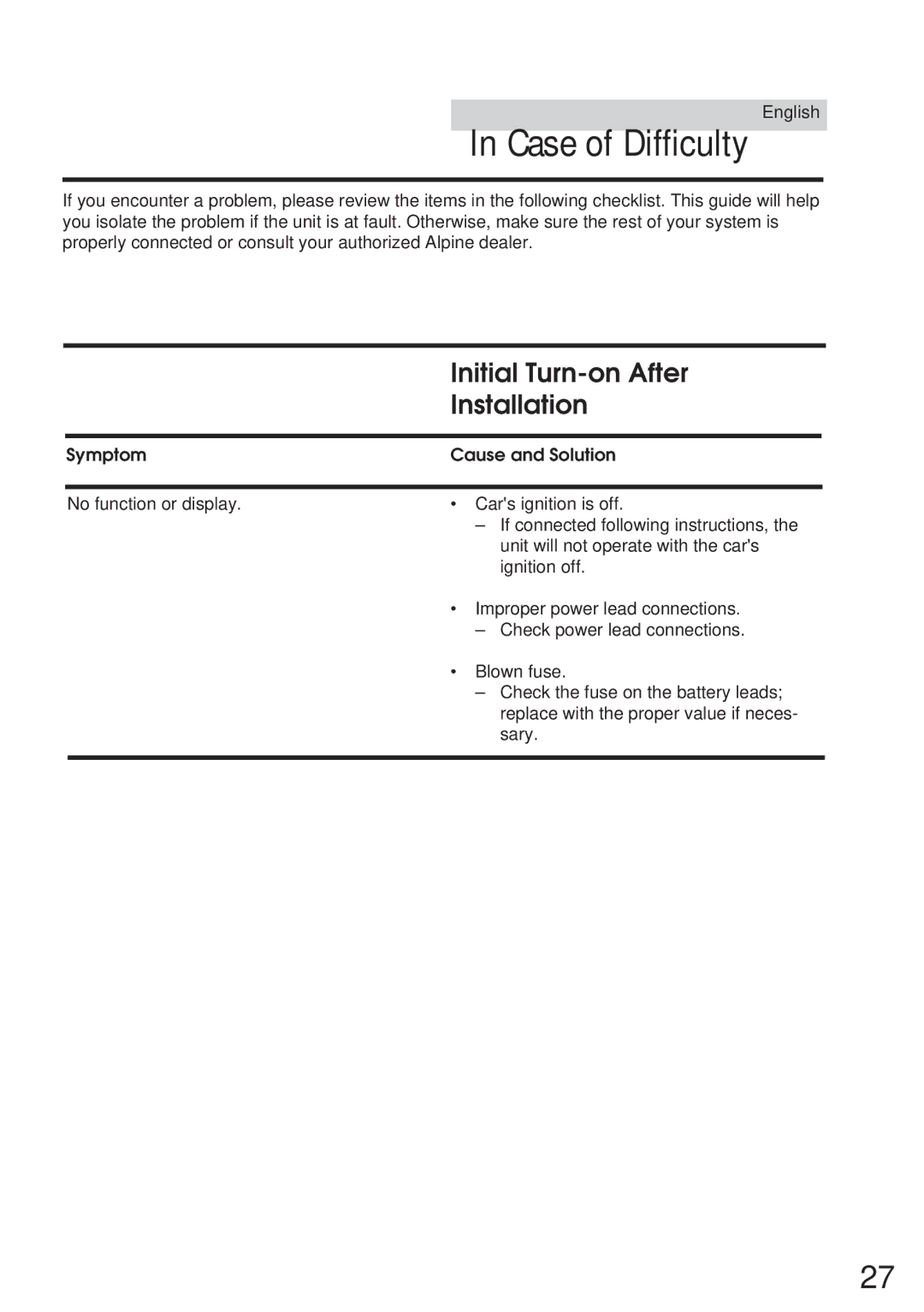 Alpine TDM-7546E owner manual Case of Difficulty, Initial Turn-on After Installation 