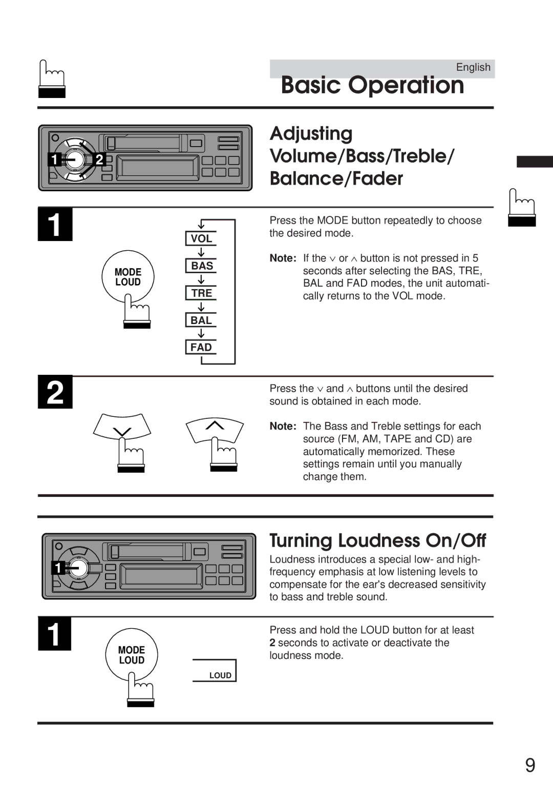 Alpine TDM-7546E owner manual Adjusting Volume/Bass/Treble Balance/Fader, Turning Loudness On/Off 