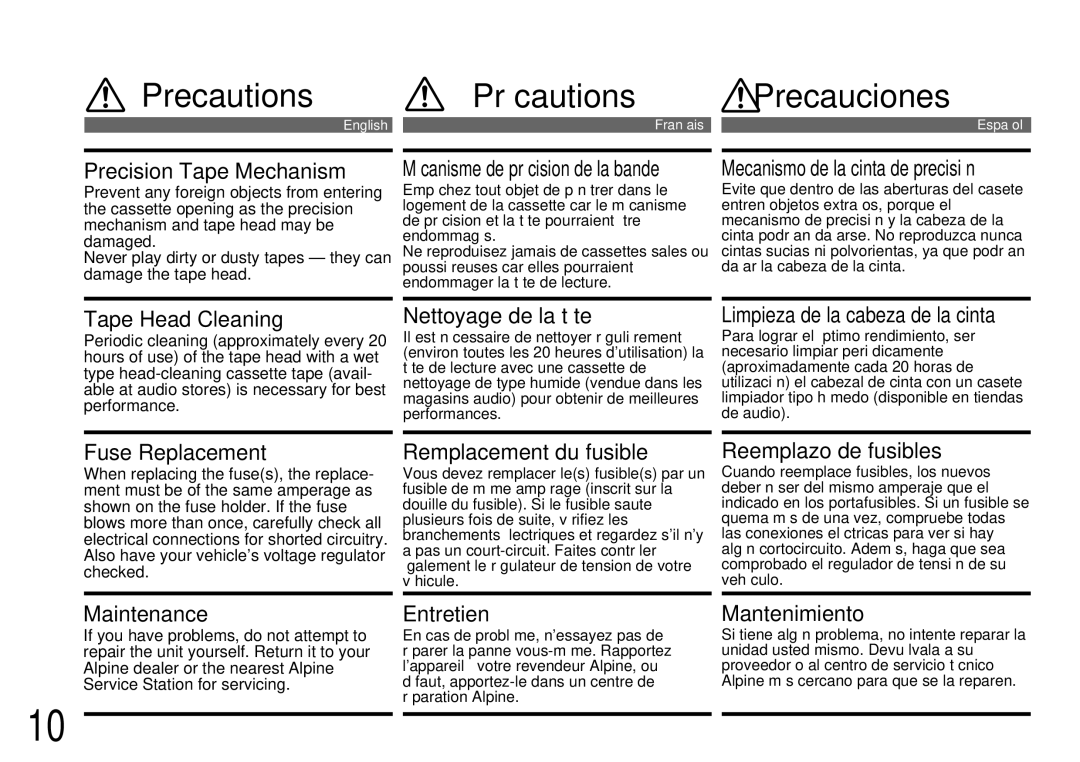 Alpine TDM-7561 owner manual Precautions Précautions Precauciones 