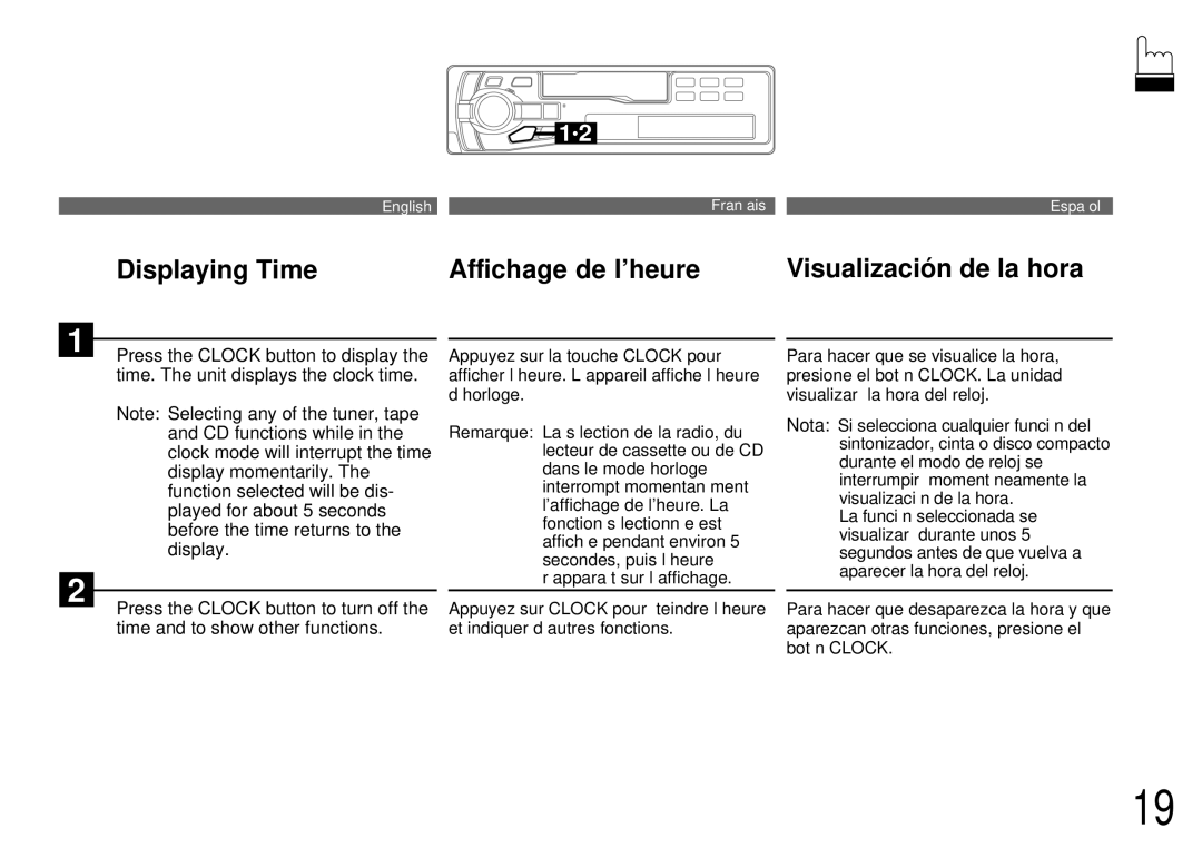 Alpine TDM-7561 Displaying Time Affichage de l’heure, Visualización de la hora, Press the Clock button to display 