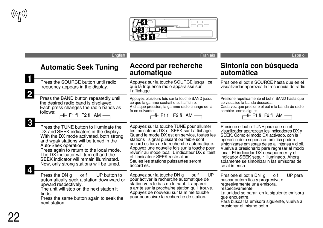 Alpine TDM-7561 owner manual Automatic Seek Tuning, Accord par recherche automatique, Sintonía con búsqueda automática 