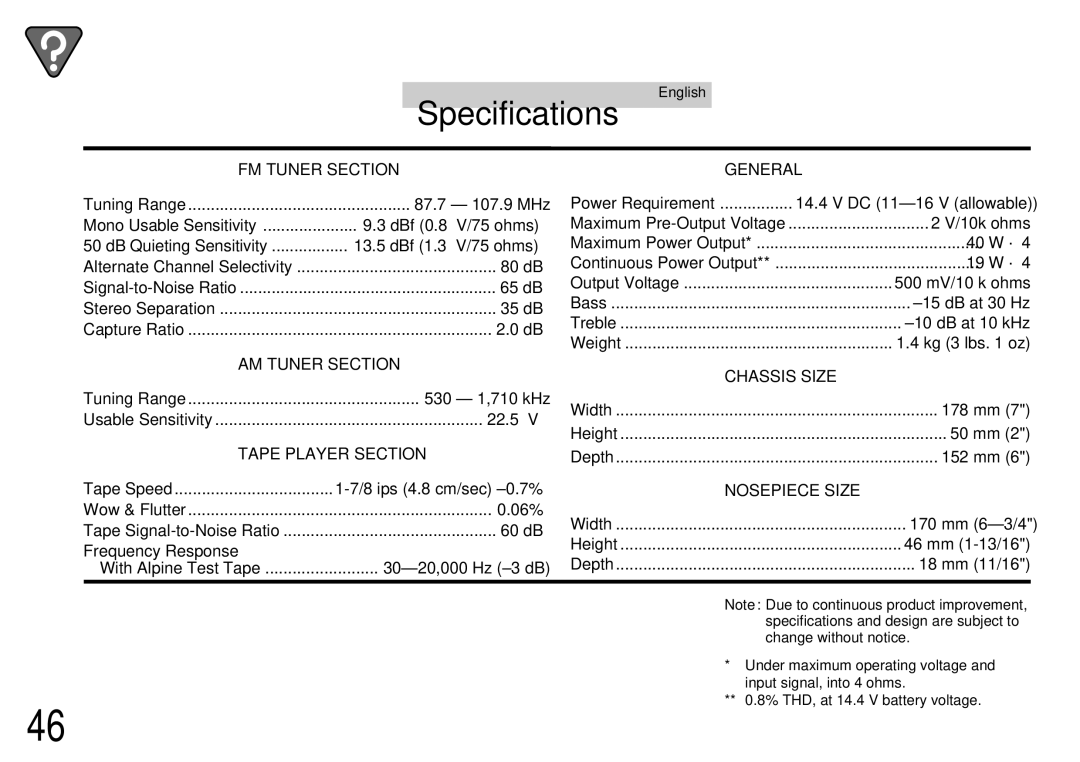 Alpine TDM-7561 owner manual Specifications 