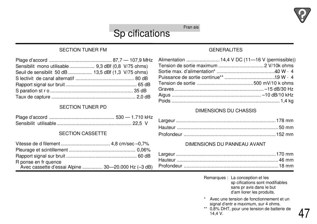 Alpine TDM-7561 owner manual Spécifications 