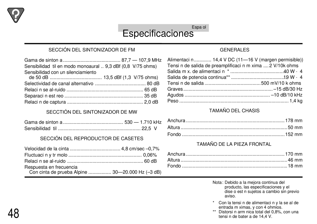 Alpine TDM-7561 owner manual Especificaciones 