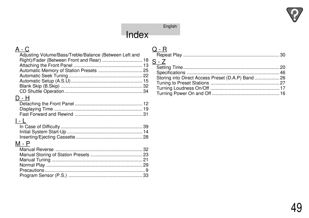 Alpine TDM-7561 owner manual Index 