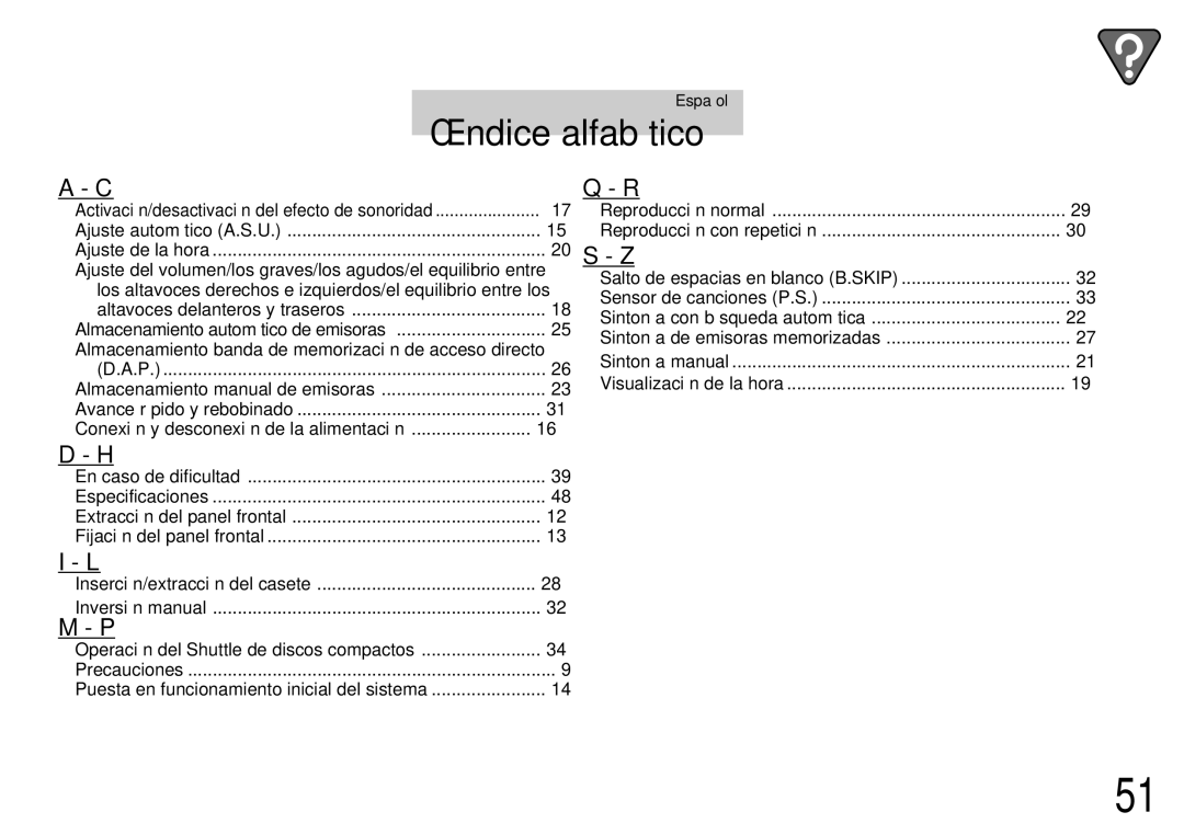 Alpine TDM-7561 owner manual Índice alfabético, Ajuste automático A.S.U Ajuste de la hora, Altavoces delanteros y traseros 