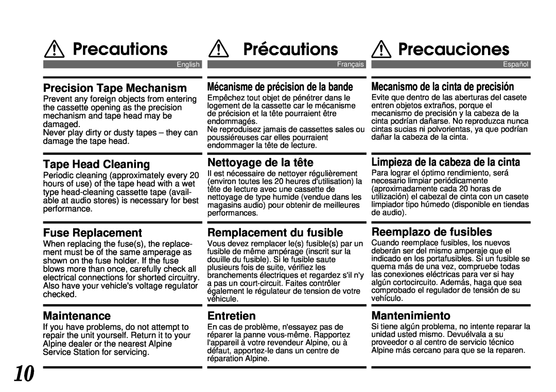 Alpine TDM-7561 Precautions, Précautions, Precauciones, Precision Tape Mechanism, Tape Head Cleaning, Nettoyage de la tête 