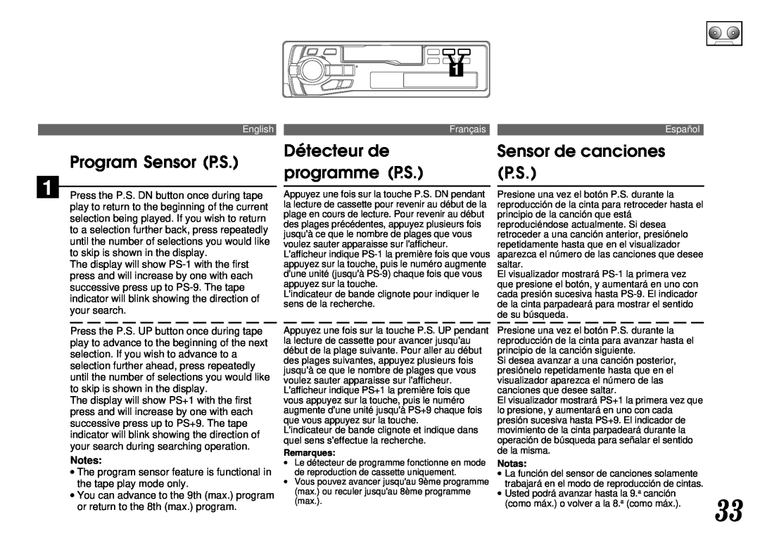 Alpine TDM-7561 owner manual Program Sensor P.S, Détecteur de, programme P.S, Sensor de canciones P.S, Notes 