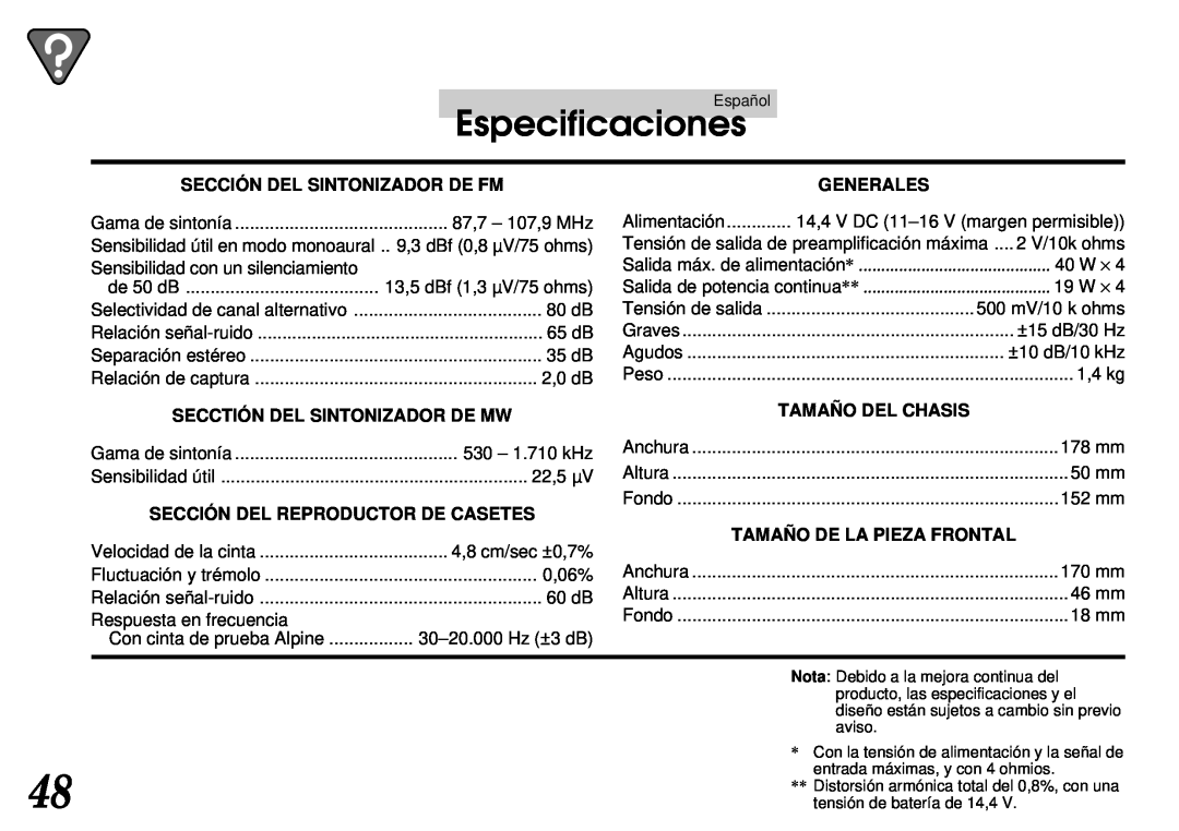 Alpine TDM-7561 owner manual Especificaciones, Sección Del Sintonizador De Fm, Generales, Secctión Del Sintonizador De Mw 